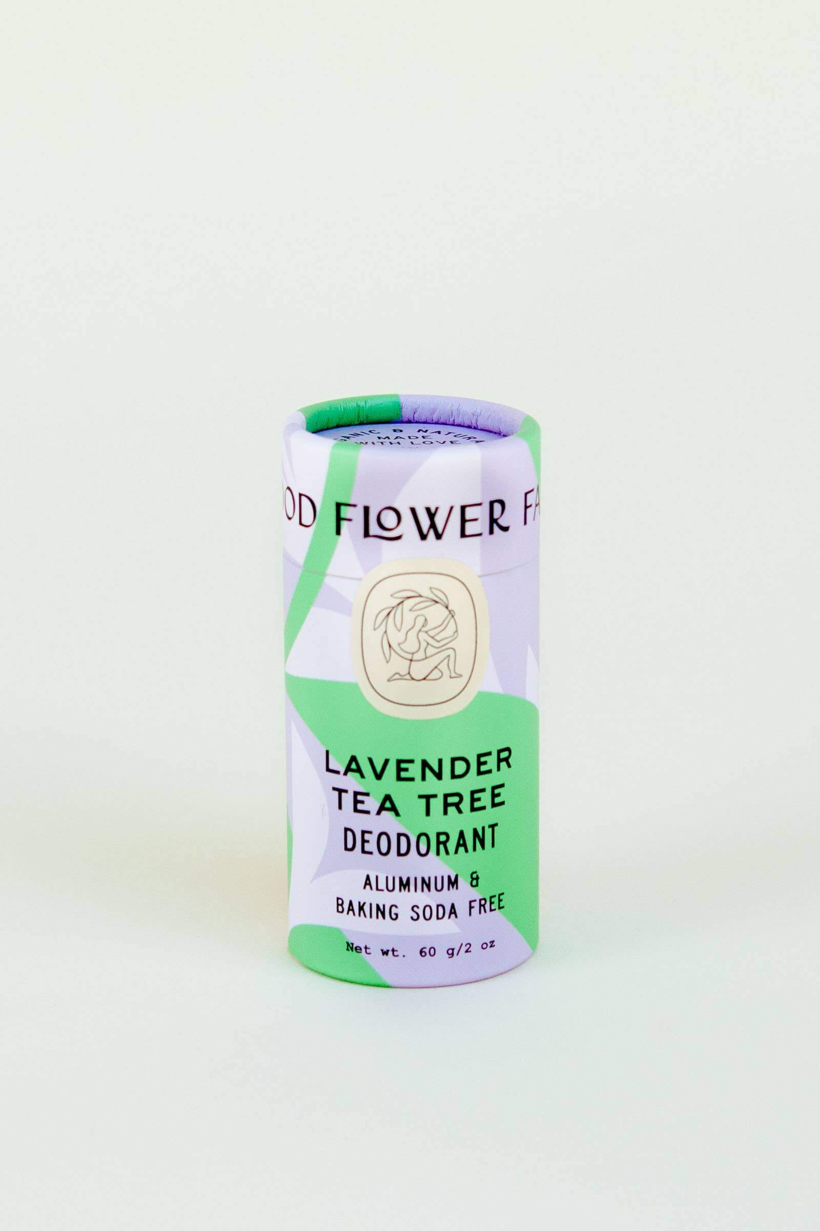 Lavender tea tree deodorant in a purple, green and white biodegradable tube.