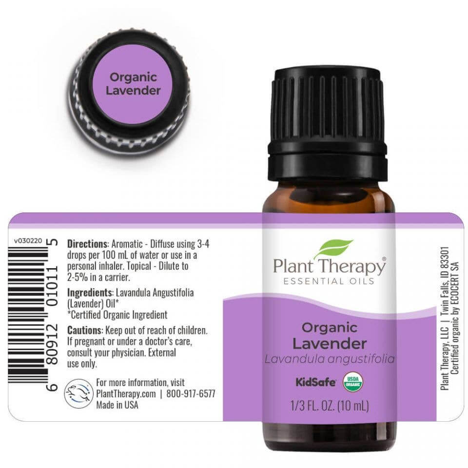 Plant Therapy organic essential oil in lavender in 10 ml with the ingredients showing on the label.