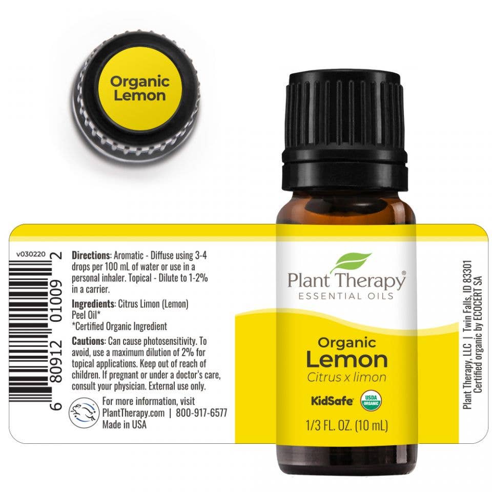 Plant Therapy lemon organic essential oil in 10 ml with the ingredients showing on the label.
