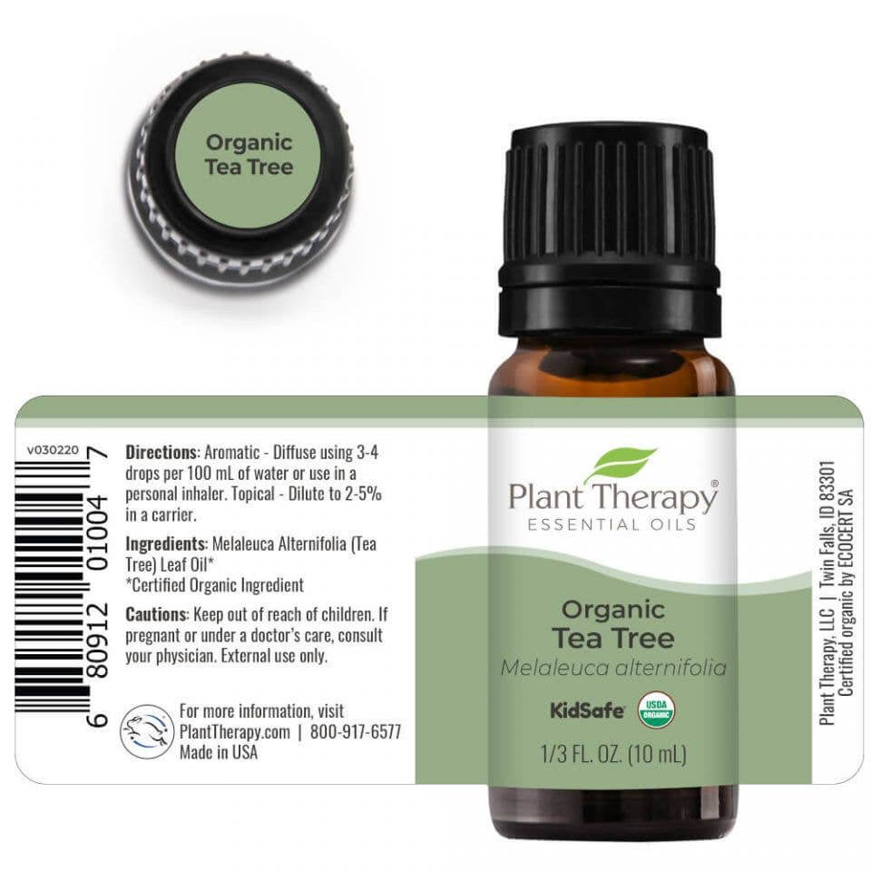 Plant Therapy tea tree essential oil in 10 ml with the ingredients showing on the label.
