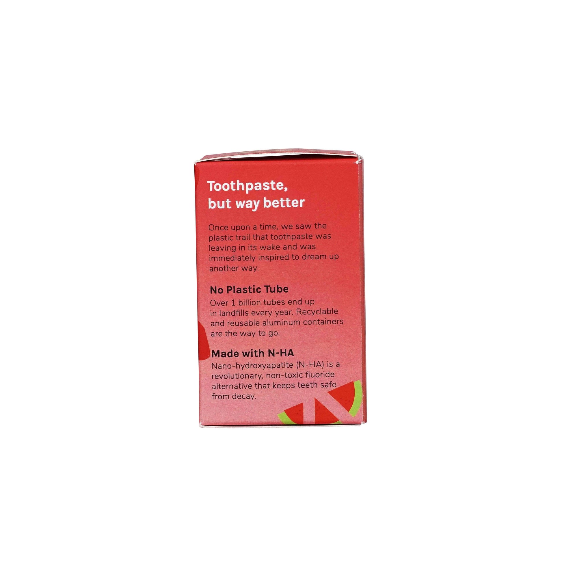 Watermelon Strawberry toothpaste tabs box in red.