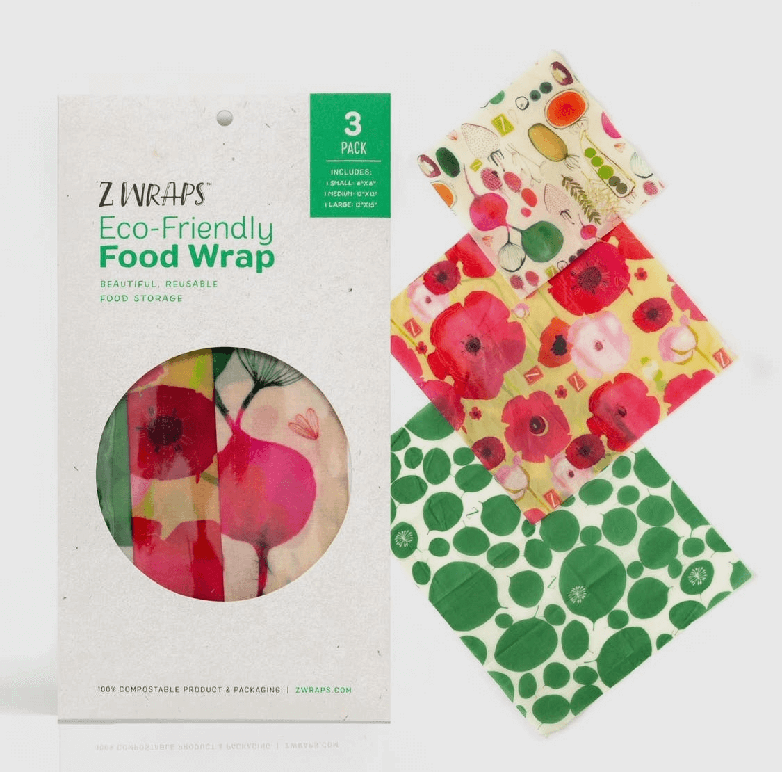 Z Wraps, reusable beeswax food wrap, in a 3 pack with mixed designs.