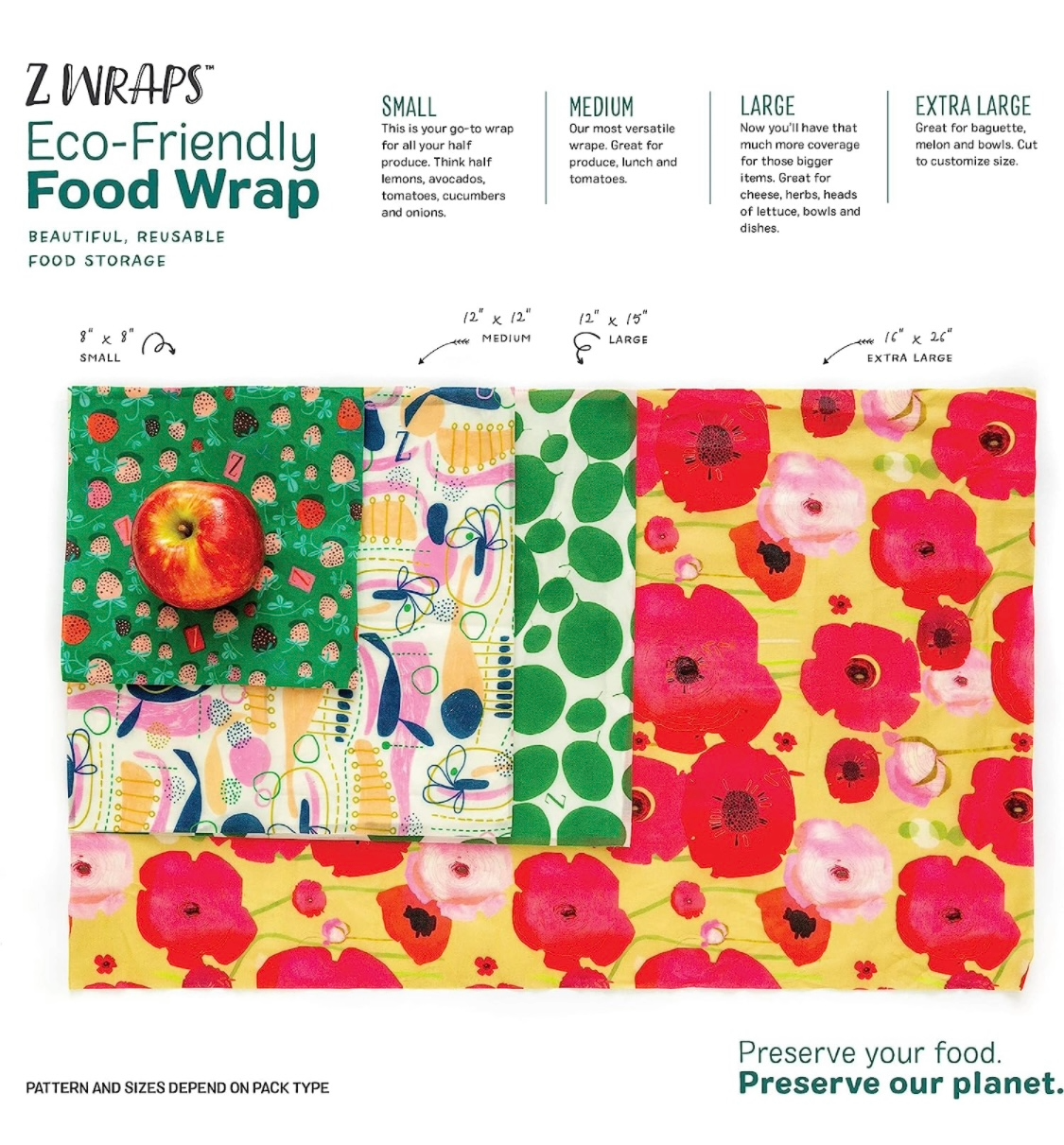 zwraps, reusable beeswax food wrap comparing small, medium, large and extra large sizes