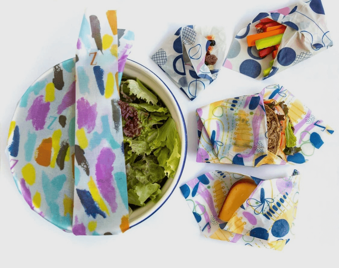 z wraps, reusable beeswax wraps, wrapped around a bowl, vegetables and sandwiches to keep food fresh